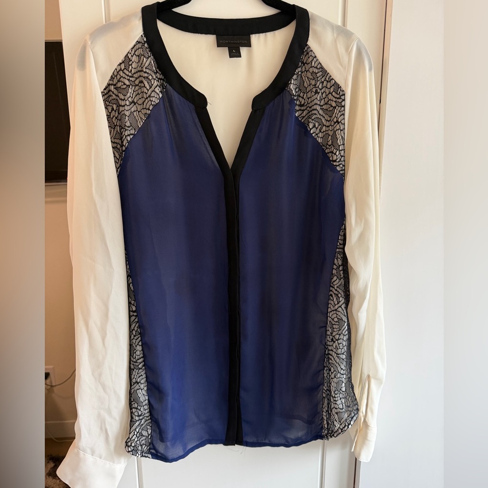 Worthington Navy and Cream Blouse with Black Details